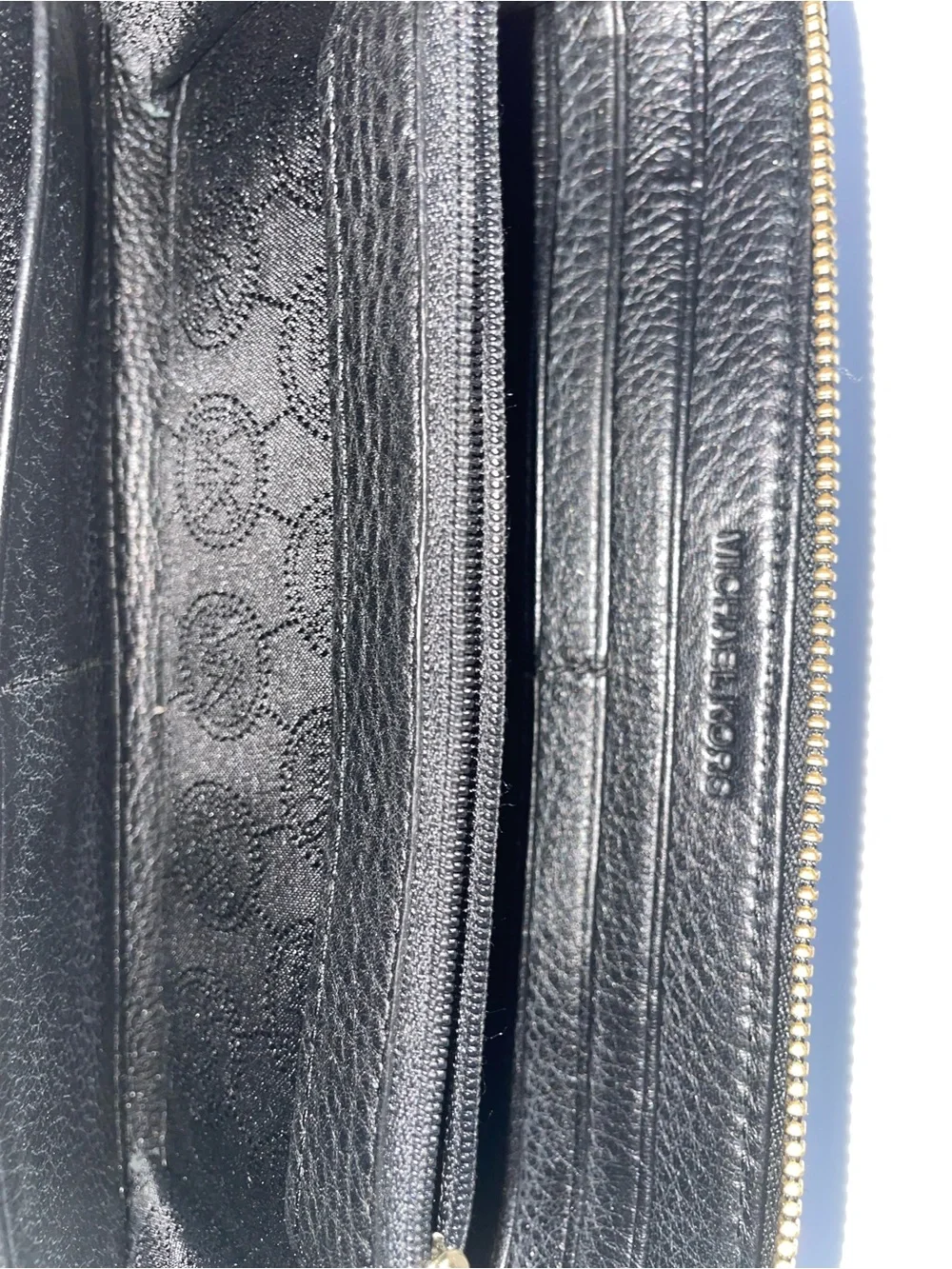 Michael Kors Black Pebbled Leather Zip-Around Continental Wallet –Gold MK Emblem
